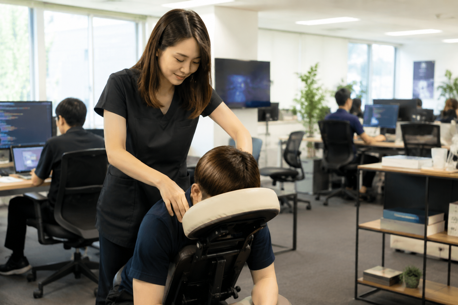 IT企業のオフィスで、福利厚生として出張オフィスリラクゼーションを利用する従業員